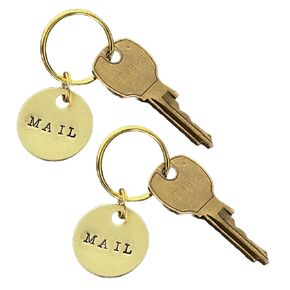 Mail Keychains 2-Pack - Metal Key Label Identifier Tags with Keyrings - Key Organization - Key ID fobs - 100% Brass, Hand Stamped Engraved