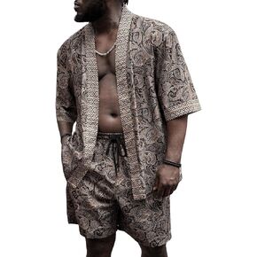BEAUDRM Men's Plus Size 2 Pieces Outfits Short Sleeve Printed Kimono and Drawstring Waist Shorts Sets