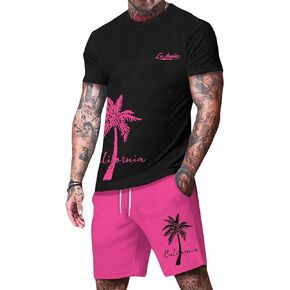 BEAUDRM Men's 2 Pieces Outfit Short Sleeve Tropical Print T Shirt and Drawstring Waist Shorts Sets