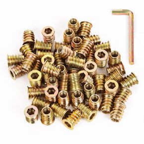 M8-1.25 x 13mm Threaded Insert for Wood Furniture Screw in Nut Threaded Wood Inserts Bolt Fastener Connector, Zinc Plated Carbon Steel, 50 PCS (with Hex Spanner)
