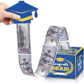 Panelee Graduation Money Box for Cash Pull, Blue and Gold Graduation Money Pull Gift Box Foldable Money Box with 120 Pcs Transparent Bags for Cash Gift Graduation Party Decoration Favors
