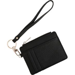 EKEFE Women's RFID Blocking Slim Card Case with Zipper, Keychain, and Wristlet. Minimalist Card Holder Pocket Wallet, Black in Kuwait