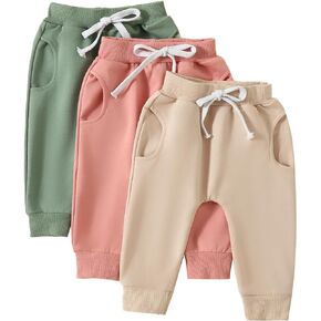 GINEVSAL Toddler Baby Boys Sweatpants Pack of 3 Solid Color Elastic Waist Bottom Pants Casual Trousers for Newborn Infant