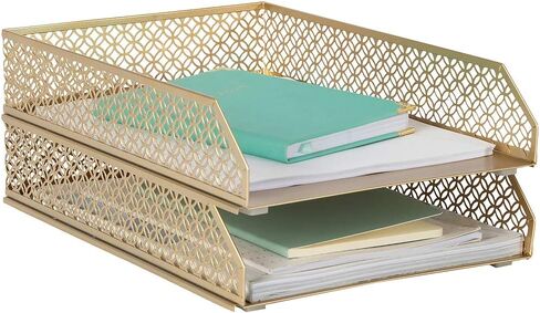 منظم ملفات الذهب صندوق الوارد المكتبي منظم صينية الورق الذهبية للمكتب - صينية مكتب ذهبية - مجموعة صينية الحروف الذهبية المكونة من 2 صواني رسائل قابلة للتكديس لصواني المكتب المكتبية وسلال ملفات منظم المكتب للمكتب in Saudi Arabia