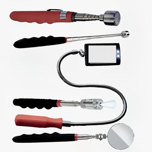 Lelukee 5pcs Flexible Inspection Mirror Telescopic with LED Flashlight,Including Magnetic Pick Up Bar.Workshop Mirror,Geocaching Equipment,Maintenance Inspection Mirror in Saudi Arabia