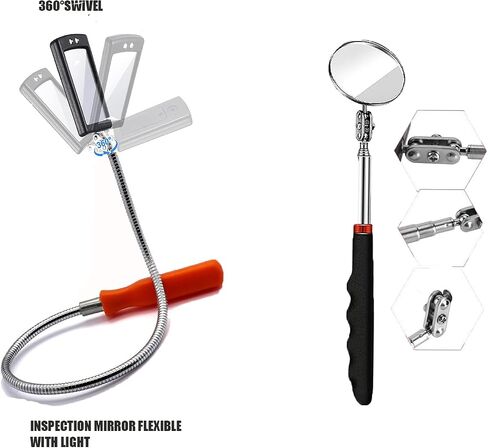 Lelukee 5pcs Flexible Inspection Mirror Telescopic with LED Flashlight,Including Magnetic Pick Up Bar.Workshop Mirror,Geocaching Equipment,Maintenance Inspection Mirror in Saudi Arabia