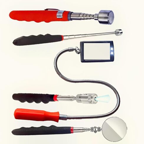 Lelukee 5pcs Flexible Inspection Mirror Telescopic with LED Flashlight,Including Magnetic Pick Up Bar.Workshop Mirror,Geocaching Equipment,Maintenance Inspection Mirror in Saudi Arabia