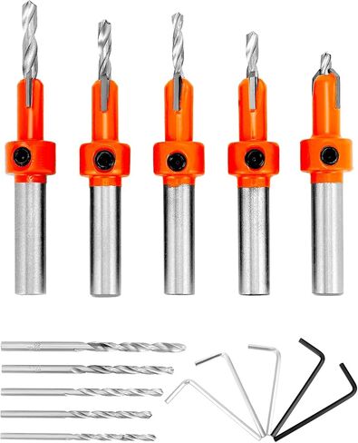 QWORK Wood Countersink Drill Bit Set, 5 Pcs Counter Sinker Drill Bit and 5Pcs Extra Pilot Drill Bit, 5/16" Round Shank, Replaceable Drill Bits and Wrenches in Saudi Arabia