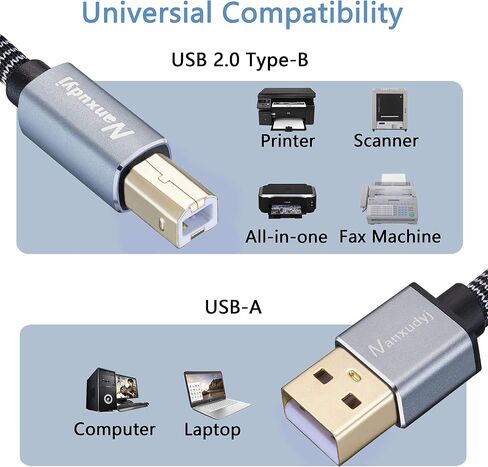 Nanxudyj Printer Cable 3ft,USB Printer Cable Braid USB 2.0 Type A Male to B Male Cable Scanner Cord High Speed Printer Cable Compatible with HP,Canon, Dell, Epson, Lexmark, Xerox, Samsung and More in Saudi Arabia
