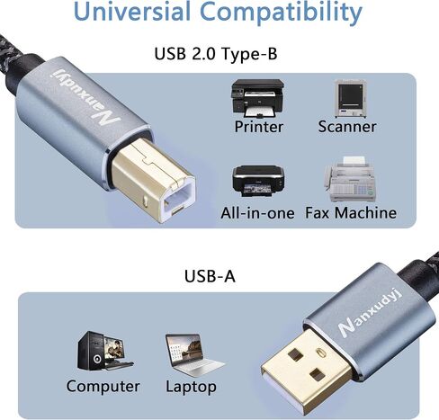 Nanxudyj Printer Cable 3ft,USB Printer Cable Braid USB 2.0 Type A Male to B Male Cable Scanner Cord High Speed Printer Cable Compatible with HP,Canon, Dell, Epson, Lexmark, Xerox, Samsung and More in Saudi Arabia
