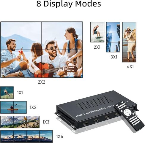 وحدة تحكم حائط فيديو Mcbazel HDMI 2x2، معالج صور فيديو HDMI 1080P@60HZ يدعم ربط الشاشة 8 أوضاع عرض - 4x1، 3x1، 2x1، 2x2، 1x4، 1x3، 1x2، 1x1 in Kuwait