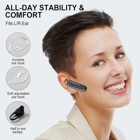 Bluetooth Headset, Wireless Bluetooth Earpiece with 35 Hours Talking Time, V5.2 Hands-Free Bluetooth Headset with Microphone IPX5 Waterproof Half In-ear Earpiece for Cell Phone iOS Android - Black in Saudi Arabia
