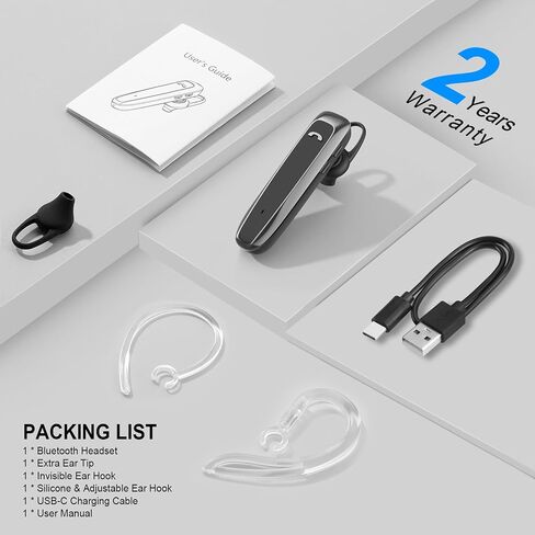 Bluetooth Headset, Wireless Bluetooth Earpiece with 35 Hours Talking Time, V5.2 Hands-Free Bluetooth Headset with Microphone IPX5 Waterproof Half In-ear Earpiece for Cell Phone iOS Android - Black in Saudi Arabia