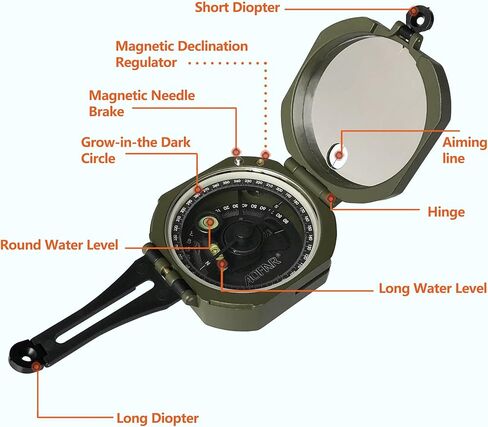 بوصلة عسكرية AOFAR AF-M2-B جيولوجية متعددة الوظائف - عدسات، فلورسنت، مقاومة للماء ومقاومة للاهتزاز للاستكشاف الجيولوجي، والصيد، والمشي لمسافات طويلة مع حقيبة وحزام in Kuwait