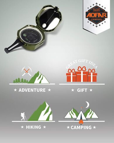 بوصلة عسكرية AOFAR AF-M2-B جيولوجية متعددة الوظائف - عدسات، فلورسنت، مقاومة للماء ومقاومة للاهتزاز للاستكشاف الجيولوجي، والصيد، والمشي لمسافات طويلة مع حقيبة وحزام in Kuwait