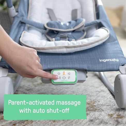 مقعد Ingenuity Happy Belly Rock-to-Bounce، موسيقى، اهتزاز، بار ألعاب قابل للفصل، لعبة حمار وحشي قطيفة، للأعمار من 0 إلى 6 أشهر، أزرق - شامبراي in Kuwait