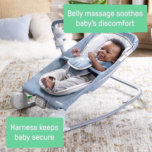 مقعد Ingenuity Happy Belly Rock-to-Bounce، موسيقى، اهتزاز، بار ألعاب قابل للفصل، لعبة حمار وحشي قطيفة، للأعمار من 0 إلى 6 أشهر، أزرق - شامبراي in Kuwait