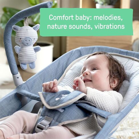 مقعد Ingenuity Happy Belly Rock-to-Bounce، موسيقى، اهتزاز، بار ألعاب قابل للفصل، لعبة حمار وحشي قطيفة، للأعمار من 0 إلى 6 أشهر، أزرق - شامبراي in Kuwait