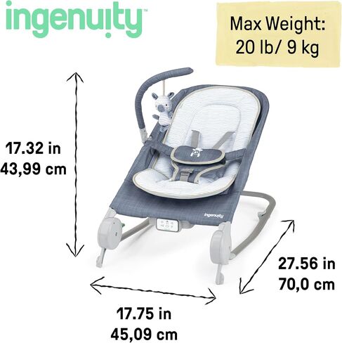 مقعد Ingenuity Happy Belly Rock-to-Bounce، موسيقى، اهتزاز، بار ألعاب قابل للفصل، لعبة حمار وحشي قطيفة، للأعمار من 0 إلى 6 أشهر، أزرق - شامبراي in Kuwait