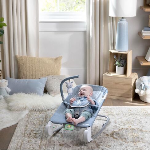 مقعد Ingenuity Happy Belly Rock-to-Bounce، موسيقى، اهتزاز، بار ألعاب قابل للفصل، لعبة حمار وحشي قطيفة، للأعمار من 0 إلى 6 أشهر، أزرق - شامبراي in Kuwait