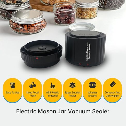 مجموعة سدادة مكنسة ماسون، سدادة مكنسة كهربائية مع أغطية ماسون واسعة ومنتظمة للفم، آلة إغلاق مفرغة لتخزين الطعام أو التخمير (أسود) in Kuwait