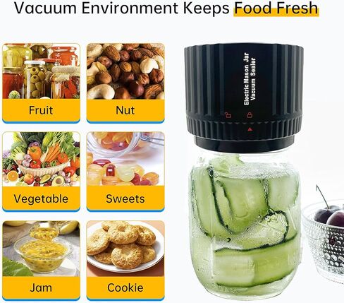 مجموعة سدادة مكنسة ماسون، سدادة مكنسة كهربائية مع أغطية ماسون واسعة ومنتظمة للفم، آلة إغلاق مفرغة لتخزين الطعام أو التخمير (أسود) in Kuwait