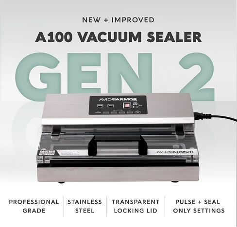 ماكينة سد الفراغات من Avid Armor - هيكل من الفولاذ المقاوم للصدأ A100، غطاء شفاف، مضخة مكبس مزدوجة تجارية عالية التحمل 12 شريط إغلاق عريض مدمج في مروحة تبريد تتضمن 30 كيسًا مقطوعًا مسبقًا وخرطومًا ملحقًا in Kuwait