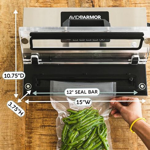 ماكينة سد الفراغات من Avid Armor - هيكل من الفولاذ المقاوم للصدأ A100، غطاء شفاف، مضخة مكبس مزدوجة تجارية عالية التحمل 12 شريط إغلاق عريض مدمج في مروحة تبريد تتضمن 30 كيسًا مقطوعًا مسبقًا وخرطومًا ملحقًا in Kuwait