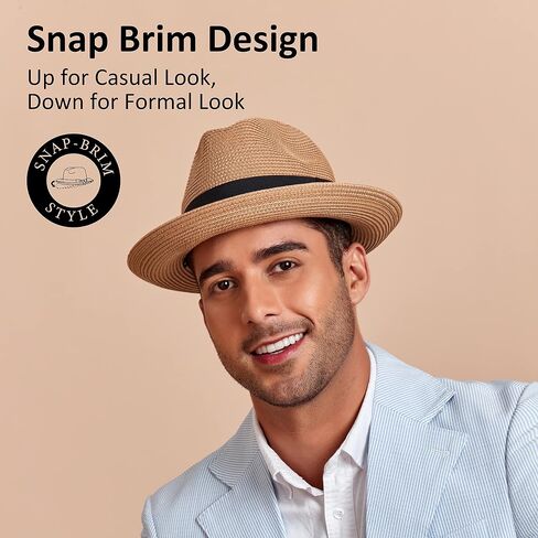 Joywant Men's Straw Fedora Sun Hats with Snap Brim UPF 50+ Protection Brim, Beach Panama Hat for Men Beige in Saudi Arabia