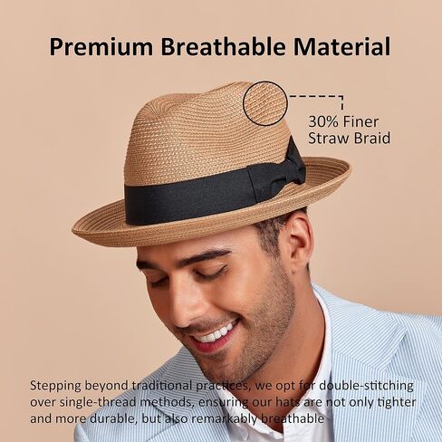 Joywant Men's Straw Fedora Sun Hats with Snap Brim UPF 50+ Protection Brim, Beach Panama Hat for Men Beige in Saudi Arabia
