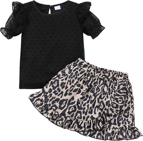 Refein Girls 2 Pieces Skirt Sets Ruffle Mesh Short Sleeve Shirt Leopard Flare Hem Mini Skirts Summer Outfits in Saudi Arabia
