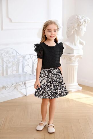 Refein Girls 2 Pieces Skirt Sets Ruffle Mesh Short Sleeve Shirt Leopard Flare Hem Mini Skirts Summer Outfits in Saudi Arabia