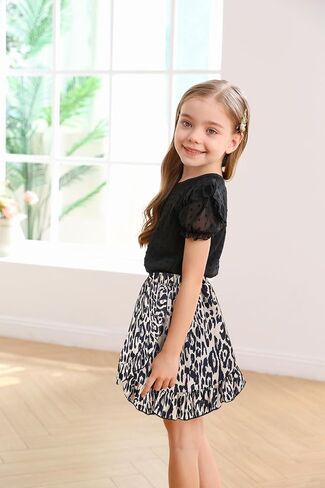 Refein Girls 2 Pieces Skirt Sets Ruffle Mesh Short Sleeve Shirt Leopard Flare Hem Mini Skirts Summer Outfits in Saudi Arabia