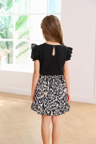 Refein Girls 2 Pieces Skirt Sets Ruffle Mesh Short Sleeve Shirt Leopard Flare Hem Mini Skirts Summer Outfits in Saudi Arabia