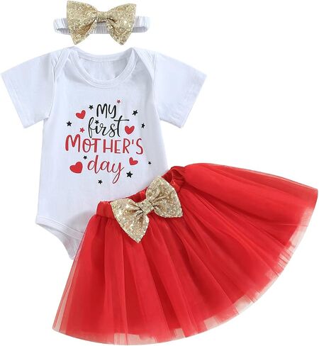 DuAnyozu Newborn Baby Girl Skirt Set Short Sleeve Romper Bodysuit and Tulle Tutu Skirt My First Mothers Day Summer Outfit in Saudi Arabia