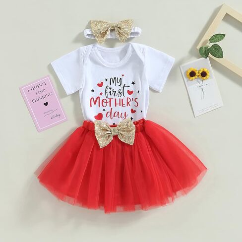 DuAnyozu Newborn Baby Girl Skirt Set Short Sleeve Romper Bodysuit and Tulle Tutu Skirt My First Mothers Day Summer Outfit in Saudi Arabia
