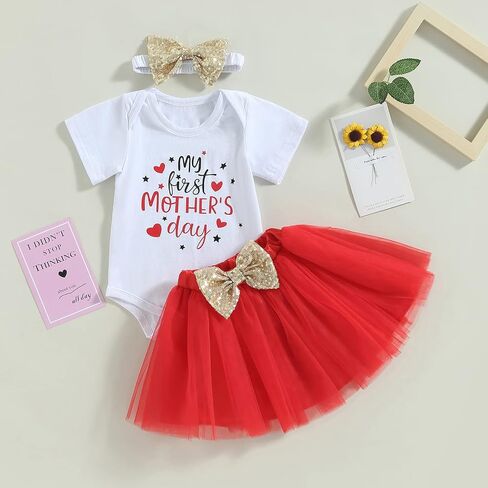 DuAnyozu Newborn Baby Girl Skirt Set Short Sleeve Romper Bodysuit and Tulle Tutu Skirt My First Mothers Day Summer Outfit in Saudi Arabia
