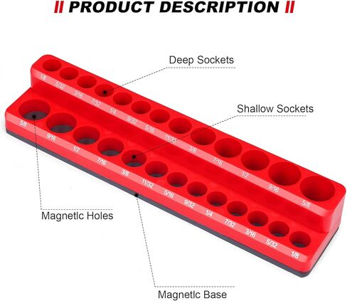 Magnetic Socket Holder, Socket Organizer SAE Red 1/2 Inch Drive, Socket Keeper Stores 16 Standard and Deep Size SAE Sockets, Socket Posts Feature High Visibility Markings, Socket Not Included in Saudi Arabia