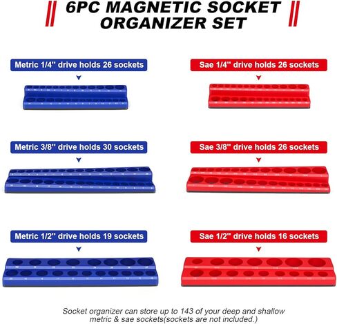 Magnetic Socket Holder, Socket Organizer SAE Red 1/2 Inch Drive, Socket Keeper Stores 16 Standard and Deep Size SAE Sockets, Socket Posts Feature High Visibility Markings, Socket Not Included in Saudi Arabia