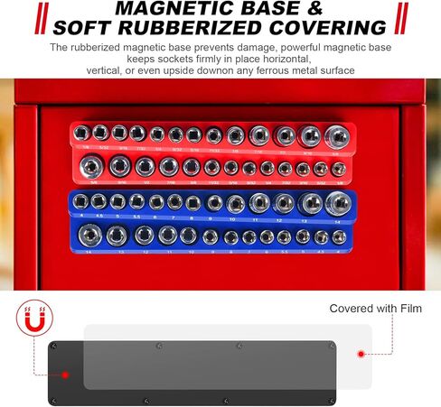Magnetic Socket Holder, Socket Organizer SAE Red 1/2 Inch Drive, Socket Keeper Stores 16 Standard and Deep Size SAE Sockets, Socket Posts Feature High Visibility Markings, Socket Not Included in Saudi Arabia