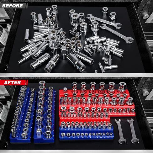 Magnetic Socket Holder, Socket Organizer SAE Red 1/2 Inch Drive, Socket Keeper Stores 16 Standard and Deep Size SAE Sockets, Socket Posts Feature High Visibility Markings, Socket Not Included in Saudi Arabia