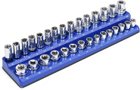 Magnetic Socket Holder, Socket Organizer SAE Red 1/2 Inch Drive, Socket Keeper Stores 16 Standard and Deep Size SAE Sockets, Socket Posts Feature High Visibility Markings, Socket Not Included in Saudi Arabia