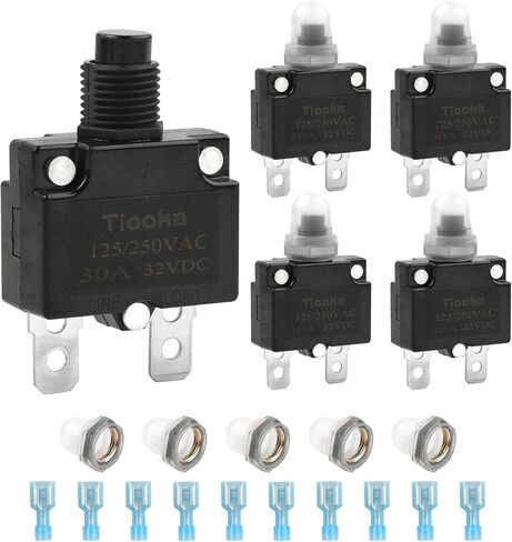 Tiooka 30Amp Thermal Circuit Breaker Assortment Kit Push Button Manual Reset 125/250V AC 32V DC Quick Connect Terminals Waterproof Button Caps for Overload Protection Applications 5Pcs in Saudi Arabia
