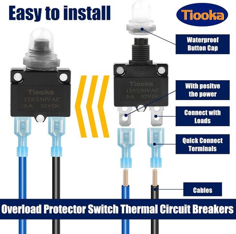 Tiooka 30Amp Thermal Circuit Breaker Assortment Kit Push Button Manual Reset 125/250V AC 32V DC Quick Connect Terminals Waterproof Button Caps for Overload Protection Applications 5Pcs in Saudi Arabia