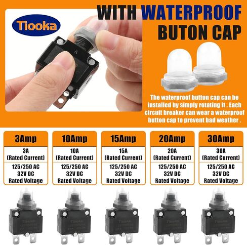 Tiooka 30Amp Thermal Circuit Breaker Assortment Kit Push Button Manual Reset 125/250V AC 32V DC Quick Connect Terminals Waterproof Button Caps for Overload Protection Applications 5Pcs in Saudi Arabia