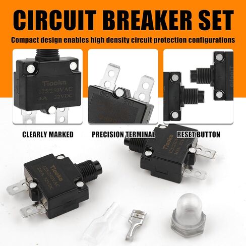 Tiooka 30Amp Thermal Circuit Breaker Assortment Kit Push Button Manual Reset 125/250V AC 32V DC Quick Connect Terminals Waterproof Button Caps for Overload Protection Applications 5Pcs in Saudi Arabia
