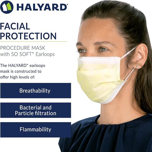 HALYARD قناع طبي للاستخدام مرة واحدة، مصمم للارتداء على المدى القصير، على شكل مطوي مع حلقات للأذن، أصفر، 47117 in Kuwait