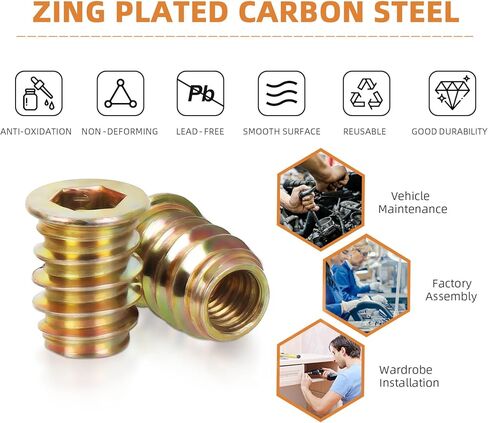 M8-1.25 x 13mm Threaded Insert for Wood Furniture Screw in Nut Threaded Wood Inserts Bolt Fastener Connector, Zinc Plated Carbon Steel, 50 PCS (with Hex Spanner) in Kuwait