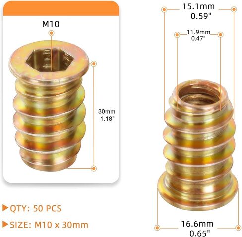 M8-1.25 x 13mm Threaded Insert for Wood Furniture Screw in Nut Threaded Wood Inserts Bolt Fastener Connector, Zinc Plated Carbon Steel, 50 PCS (with Hex Spanner) in Kuwait