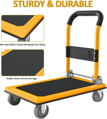 عربة دفع جروماي دوللي بسعة وزن 660 رطل، شاحنة منصة قابلة للطي، عربة مسطحة متحركة صفراء مع عجلات كتم الصوت 4 بوصة 360 درجة لنقل أثاث حديقة المرآب in Kuwait